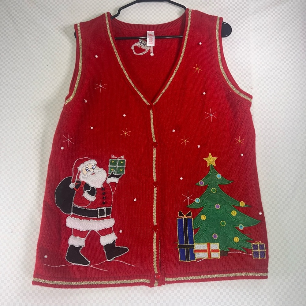 Women's Red Christmas Sweater Vest With Santa &‎ Christmas Tree Size L 12/14